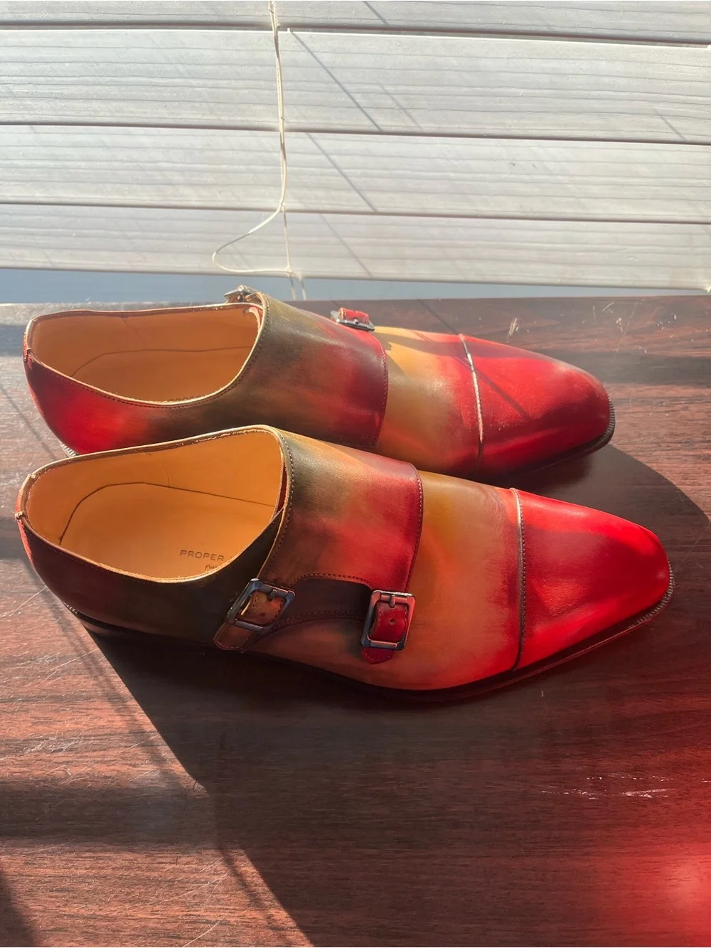 Men's Double Monk Strap Leather Shoes in Red and Yellow